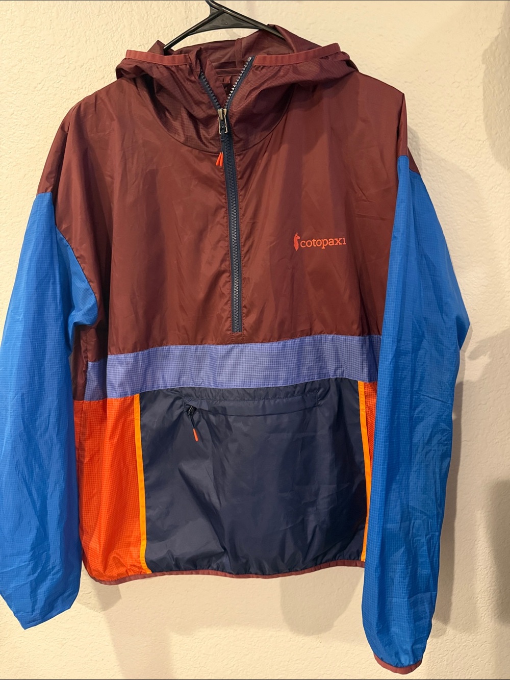 cotopaxi Color-block Hooded Half ZipWindbreaker - Burgundy, Blue & Orange